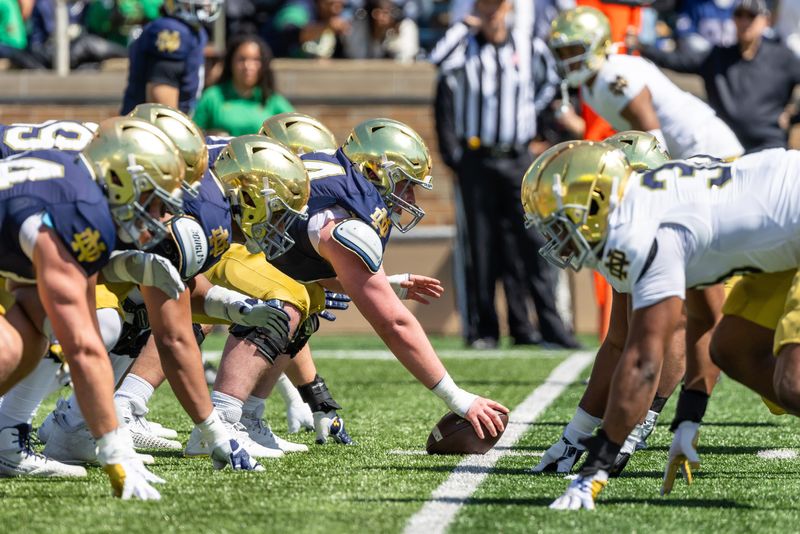 Apr 12, 2025; Notre Dame, IN, USA; Notre Dame offensive (left) and defensive (right) players line up during the Blue-Gold game at Notre Dame Stadium. Mandatory Credit: Michael Caterina-Imagn Images