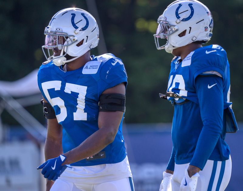 Indianapolis Colts’ linebacker Jaylon Carlies (#57), left, and teammates wait their turn during drills at Colts Camp at Grand Park Sports Campus, Tuesday, July 29, 2025 in Westfield.v