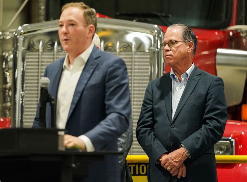 Gov. Mike Braun listens to EPA administrator Lee Zeldin speak Tuesday, July 29, 2025, during a press conference at Kenworth of Indianapolis.