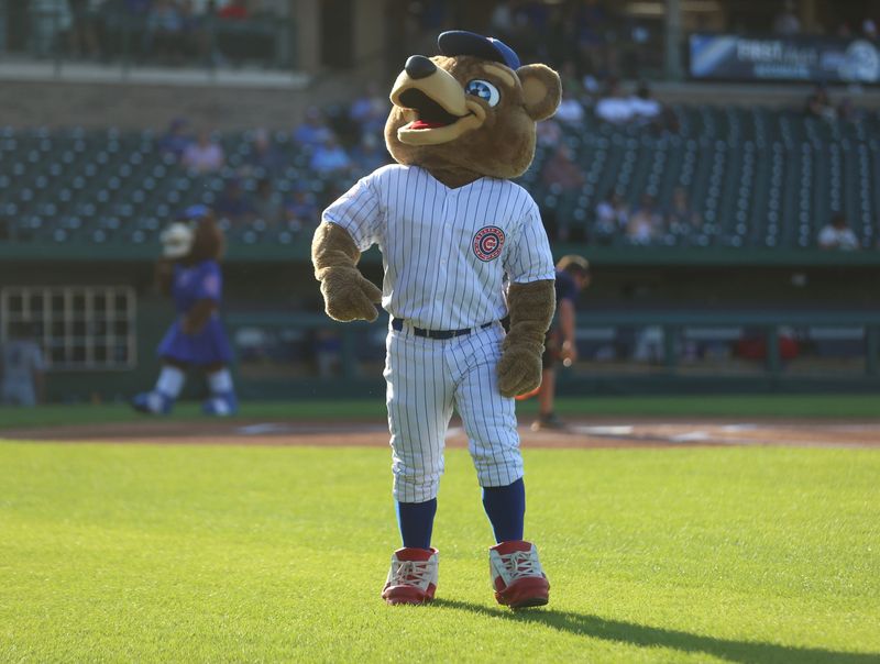 The South Bend Cubs mascot, Stu the Cub, puffs his chest out before the Cubs' game against the Quad Cities River Bandits at Four Winds Field in South Bend, Indiana, July 29, 2025. The South Bend Cubs are a minor league baseball team in the Chicago Cubs system.