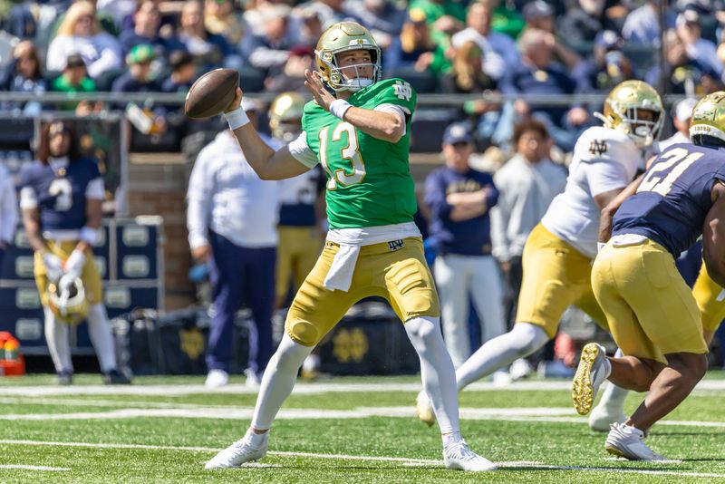 Apr 12, 2025; Notre Dame, IN, USA; Notre Dame Fighting Irish quarterback CJ Carr (13) throws a pass during the Blue-Gold game at Notre Dame Stadium. Mandatory Credit: Michael Caterina-Imagn Images
