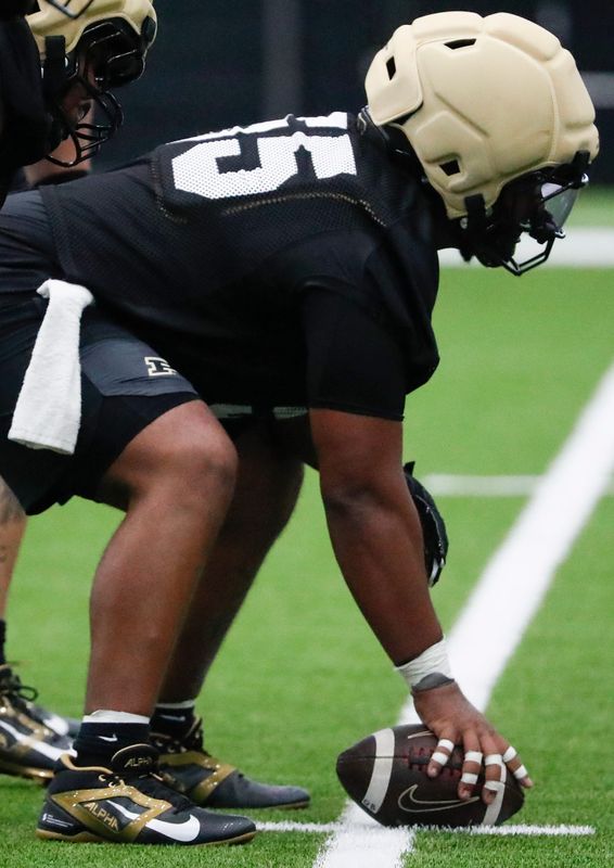 Purdue Boilermakers offensive lineman Bradyn Joiner (55) lines up for a drill Thursday, July 31, 2025, during football practice at the Kozuch Football Performance Complex in West Lafayette, Indiana.