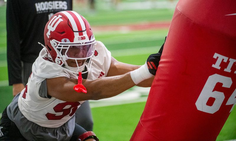 Indiana's Triston Abram (96) at Indiana University football practice on Thursday, July 31, 2025.