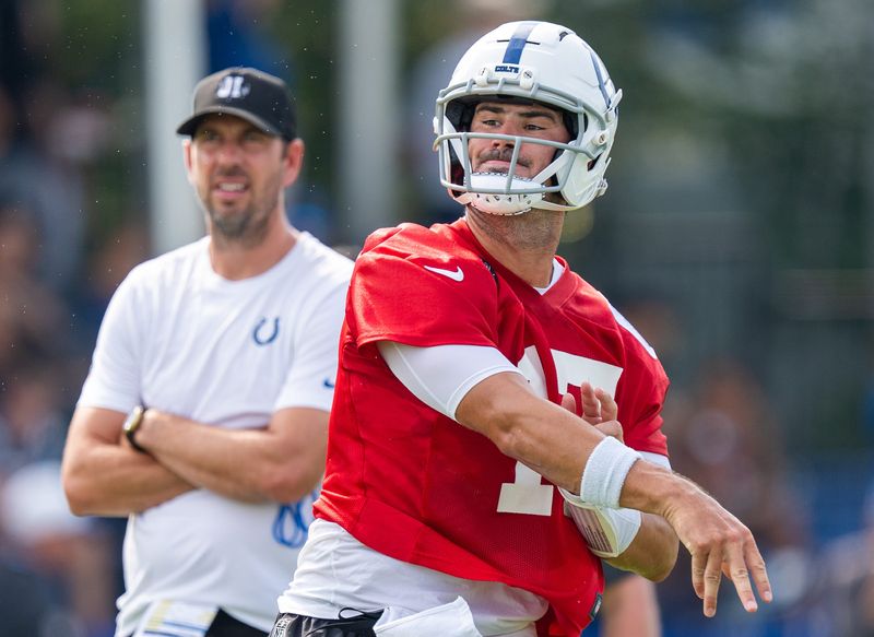 Indianapolis Colts quarterback Daniel Jones (17) throws Friday, July 25, 2025, during training camp held at Grand Park in Westfield.