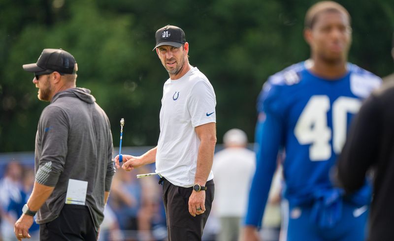 Indianapolis Colts head coach Shane Steichen watches stretching Friday, July 25, 2025, during training camp held at Grand Park in Westfield.