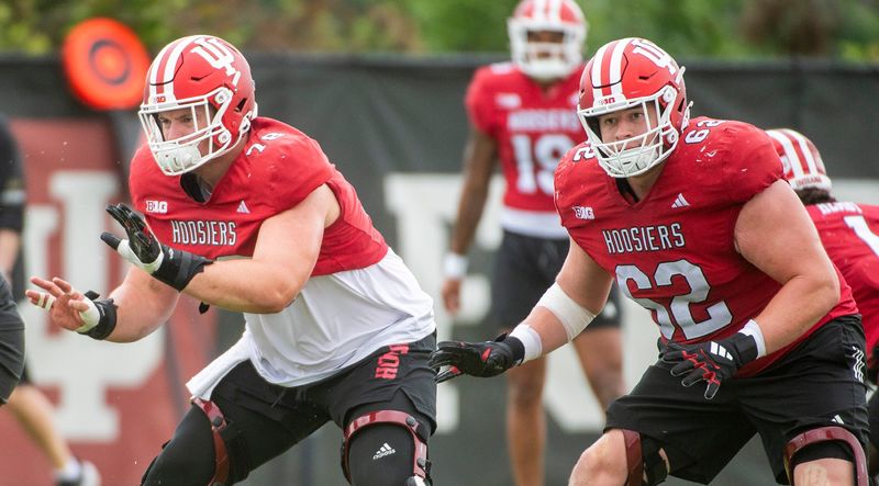 Indiana's Pat Coogan (78) and Drew Evans (62) at Indiana University football practice on Monday, Aug. 4, 2025.