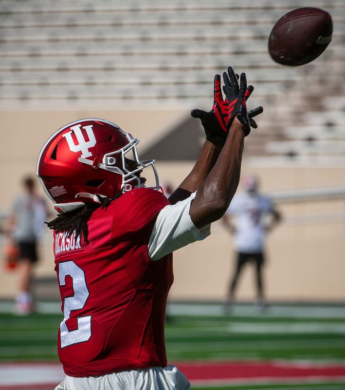 Indiana's Makai Jackson (2) at Indiana University football practice on Tuesday, Aug. 5, 2025.