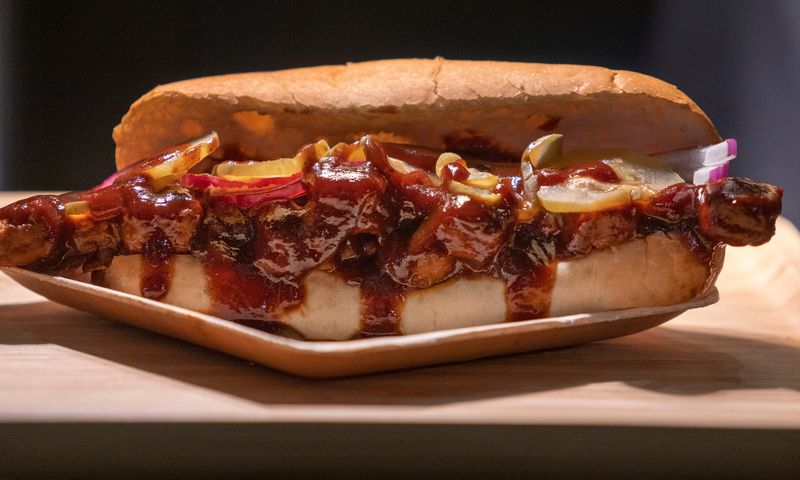 A BBQ Rib Sandwich is displayed Tuesday, Aug. 5, 2025 during the Colts 2025 Culinary Showcase at Lucas Oil Stadium. The Colts unveiled their new concessions and suite offerings for their upcoming season.