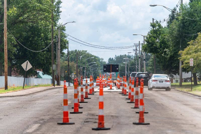 Improvements are being made to Boeke Road in Evansville, Indiana. Included in the improvements are a reduction from four lanes to three, converting the middle lane into a center turn lane and raised islands designed to protect drivers from making turns for safer pedestrian crossings.