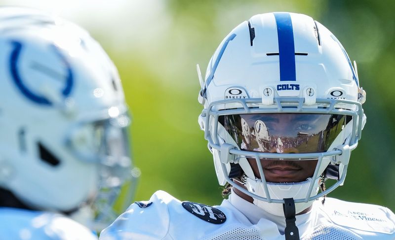 Indianapolis Colts wide receiver Adonai Mitchell (10) stands on the field Sunday, Aug. 3, 2025, during Indianapolis Colts Training Camp at Grand Park in Westfield.