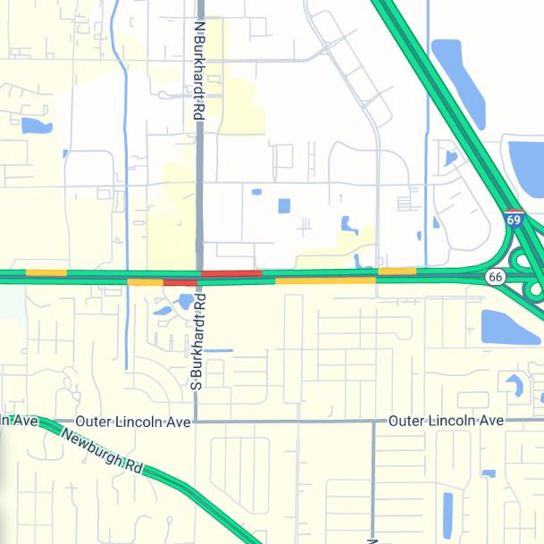 An image of the Indiana Department of Transportation's interactive traffic map shows slow travel along the Lloyd Expressway and Burkhardt Road on Thursday, Aug. 7, 2025.