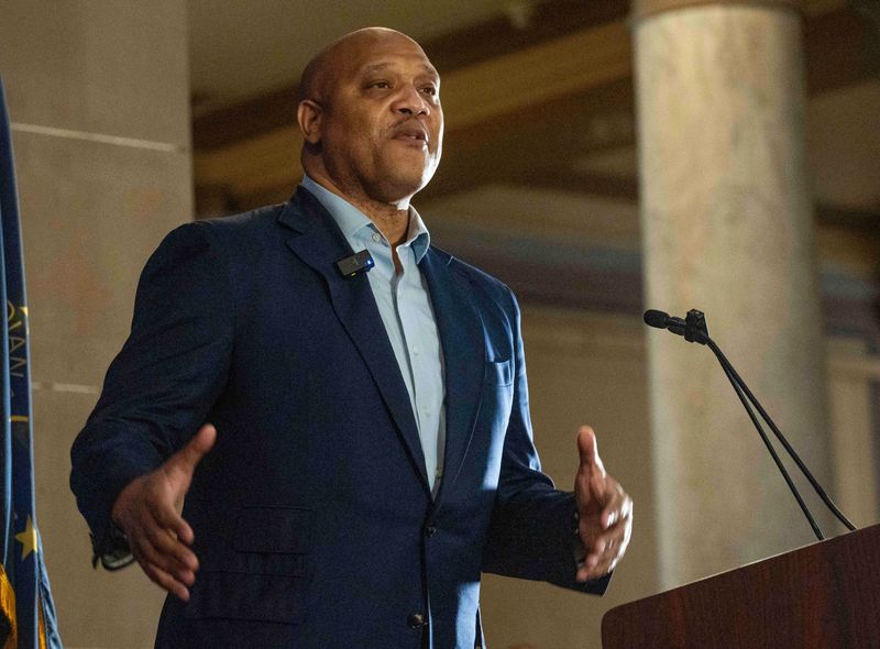 U.S. Representative André Carson speaks during a press conference on Thursday, Aug. 7, 2025, after vice president J.D. Vance’s visit to Indiana to meet with Governor Mike Braun over redrawing congressional district lines.