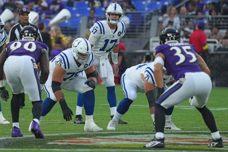 Aug 7, 2025; Baltimore, Maryland, USA; Indianapolis Colts quarterback Daniel Jones (17) runs the offense during the first quarter against the Baltimore Ravens at M&T Bank Stadium. Mandatory Credit: Mitch Stringer-Imagn Images