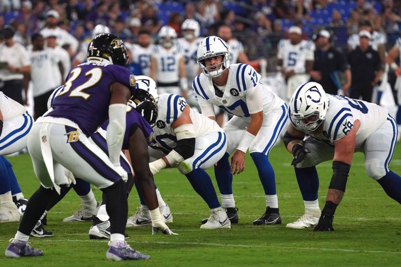 Aug 7, 2025; Baltimore, Maryland, USA; Indianapolis Colts quarterback Daniel Jones (17) runs the offense during the second quarter against the Baltimore Ravens at M&T Bank Stadium. Mandatory Credit: Mitch Stringer-Imagn Images