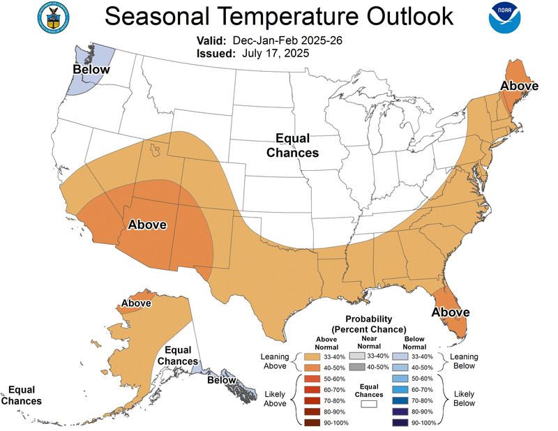 The NOAA seasonal temperature outlook for winter 2025-2026.