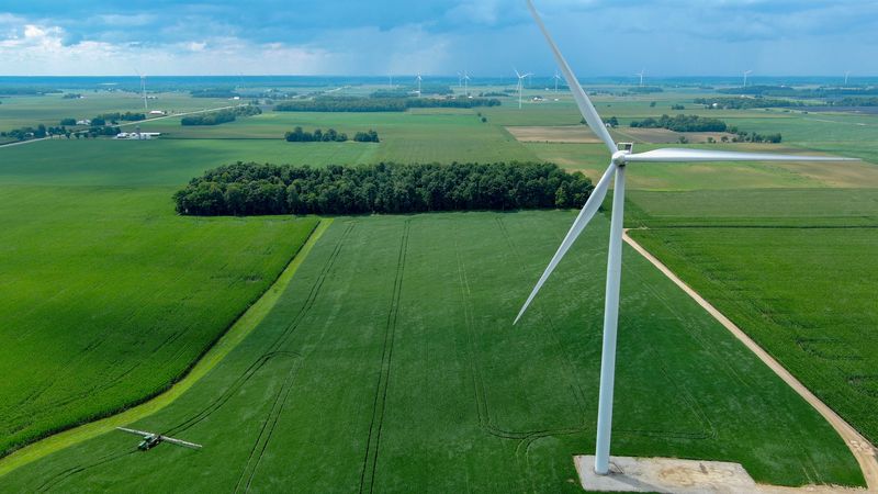 A farm in Randolph County, Indiana, has both wind and solar renewable energy in 2025.