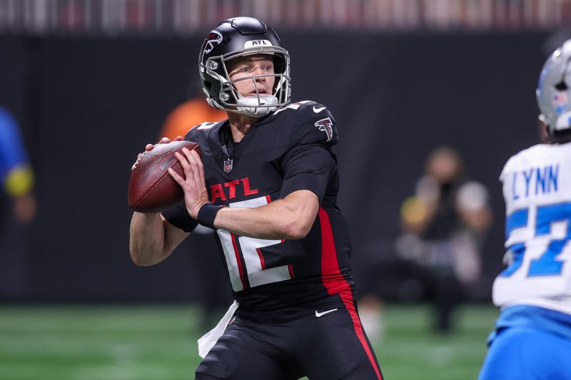 Aug 8, 2025; Atlanta, Georgia, USA; Atlanta Falcons quarterback Easton Stick (12) throws a pass against the Detroit Lions in the first quarter at Mercedes-Benz Stadium. Mandatory Credit: Brett Davis-Imagn Images