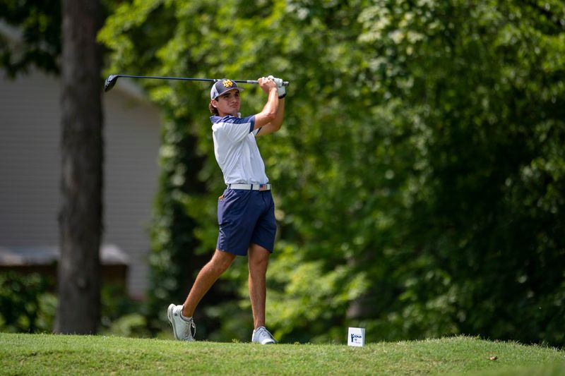 Peyton Blackard tees off during the third round of the 2025 Evansville Men’s City Golf Tournament at Rolling Hills Country Club in Newburgh, Ind., Saturday, Aug. 9, 2025.