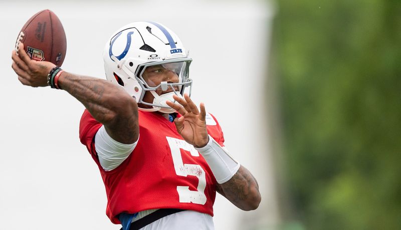 Indianapolis Colts quarterback Anthony Richardson Sr. (5) delivers a pass Monday, July 28, 2025, during training camp held at Grand Park in Westfield.