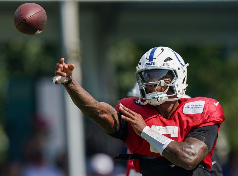 Indianapolis Colts quarterback Anthony Richardson Sr. (5) throws the ball Sunday, Aug. 10, 2025, during Indianapolis Colts Training Camp at Grand Park in Westfield.