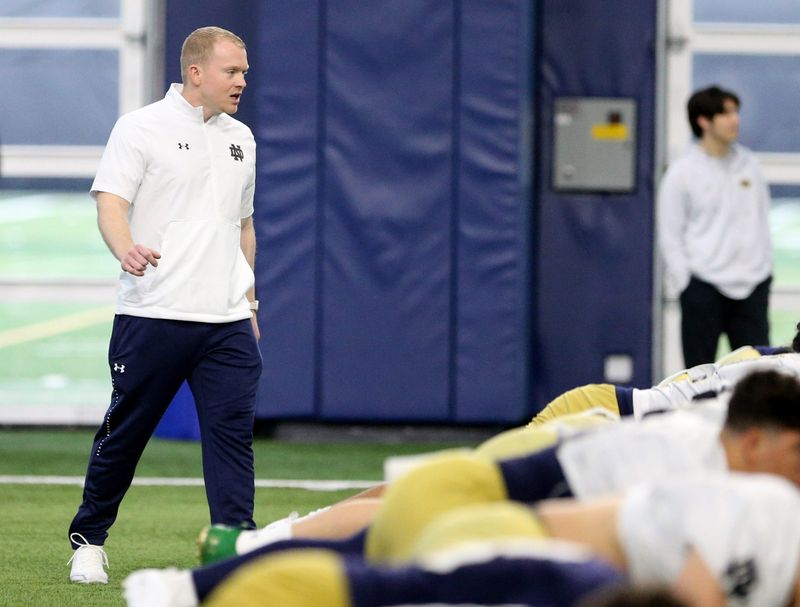 Notre Dame linebackers coach Max Bullough at Notre Dame spring football practice Thursday, March 7, 2024, at the Irish Athletics Center in South Bend.