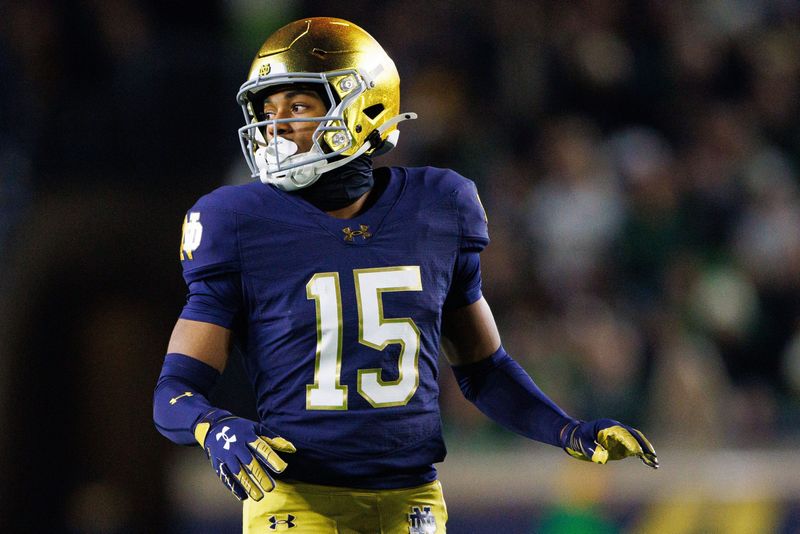 Notre Dame cornerback Leonard Moore (15) lines up during a NCAA college football game against Florida State at Notre Dame Stadium on Saturday, Nov. 9, 2024, in South Bend.