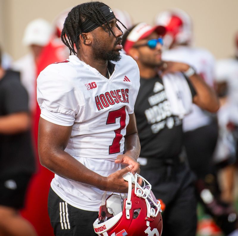 Indiana's Louis Moore (7) at Indiana University football practice on Wednesday, Aug. 13, 2025.