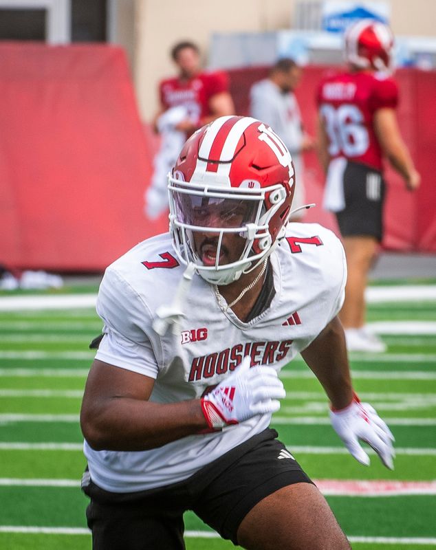 Indiana's Louis Moore (7) at Indiana University football practice on Wednesday, Aug. 13, 2025.