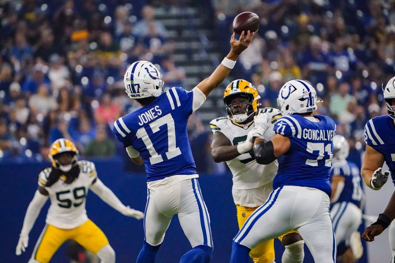 Indianapolis Colts quarterback Daniel Jones (17) throws a pass on Saturday, Aug. 16, 2025, during a game against the Green Bay Packers at Lucas Oil Stadium in Indianapolis.