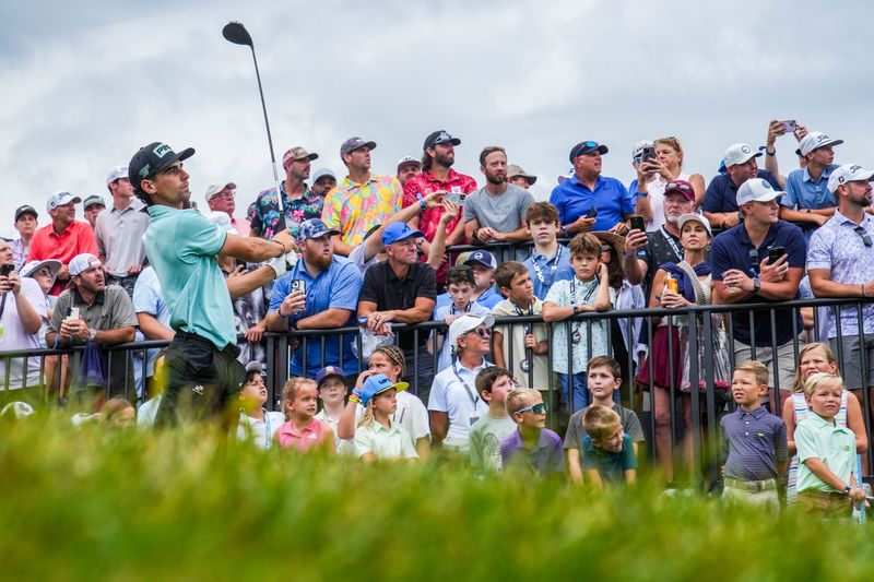 Joaquin Niemann tees off from the first hole Sunday, Aug. 17, 2025, during day three of LIV Golf Indianapolis at The Club at Chatham Hills in Westfield.
