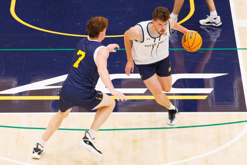 Forward Matthew MacLellan (34) drives past forward Ryder Frost (7) during a Notre Dame men's basketball practice at Rolfs Athletics Hall on Monday, July 28, 2025, in South Bend.