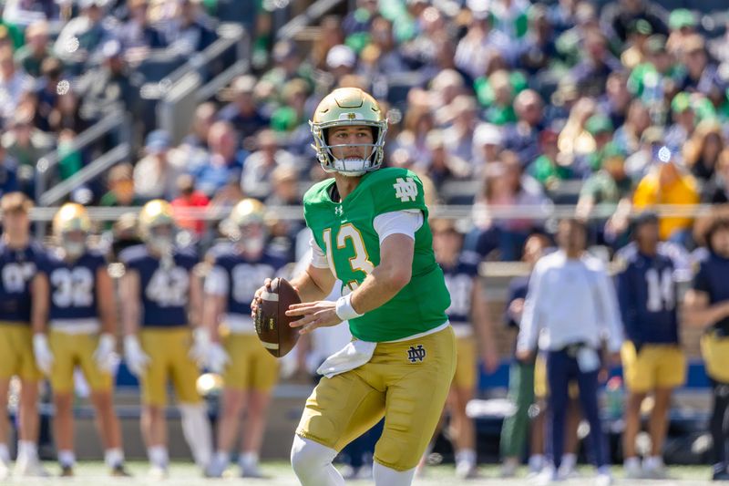 Notre Dame Fighting Irish quarterback CJ Carr (13) throws a pass during the Blue-Gold game at Notre Dame Stadium.