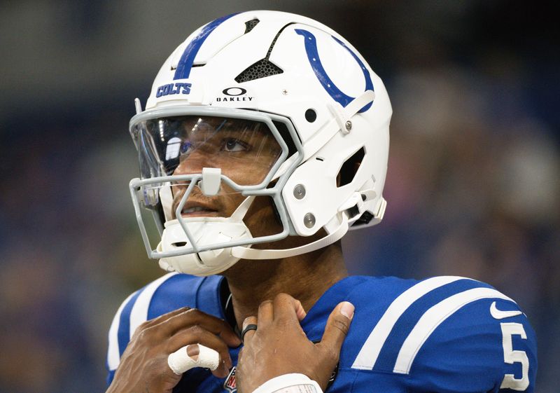 Aug 16, 2025; Indianapolis, Indiana, USA; Indianapolis Colts quarterback Anthony Richardson Sr. (5) during warmups prior to the game against the Green Bay Packers at Lucas Oil Stadium.