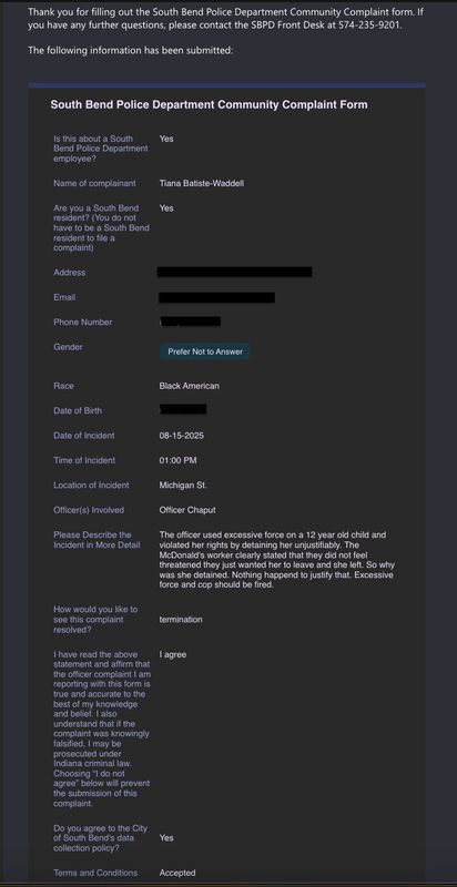 A submitted South Bend Police Department Community Complaint Form