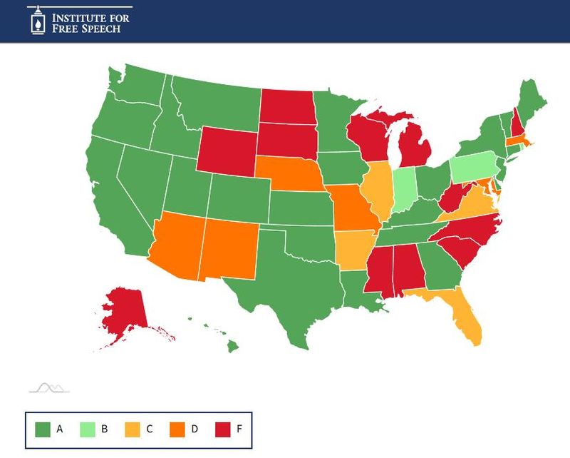 The Institute for Free Speech's 2025 map showing states with their anti-SLAPP protection ratings, from the organization's 2025 Anti-SLAPP Report Card.