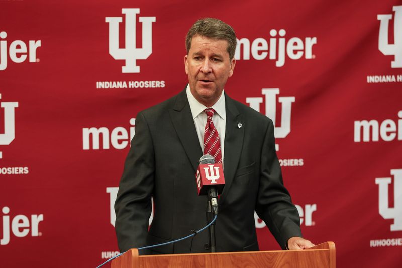 Indiana athletic director Scott Dolson speaks to reporters at the football team room in Memorial Stadium on Friday, Aug. 22, 2025.