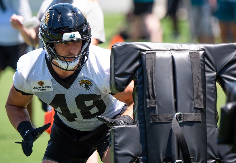 Jacksonville Jaguars linebacker Chad Muma (48) makes a run at the sled during the fourth organized team activity at the Miller Electric Center in Jacksonville, Fla. Tuesday, May 27, 2025. [Doug Engle/Florida Times-Union]