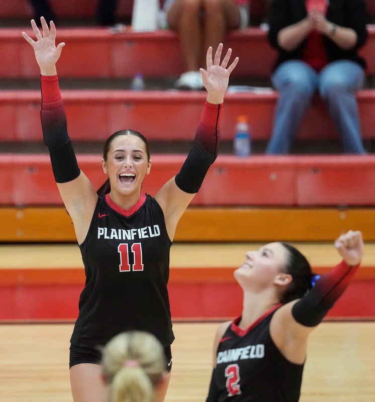 Plainfield Quakers Charlee Groninger (11) yells in excitement Thursday, Aug. 28, 2025, during a game at Center Grove High School in Greenwood.