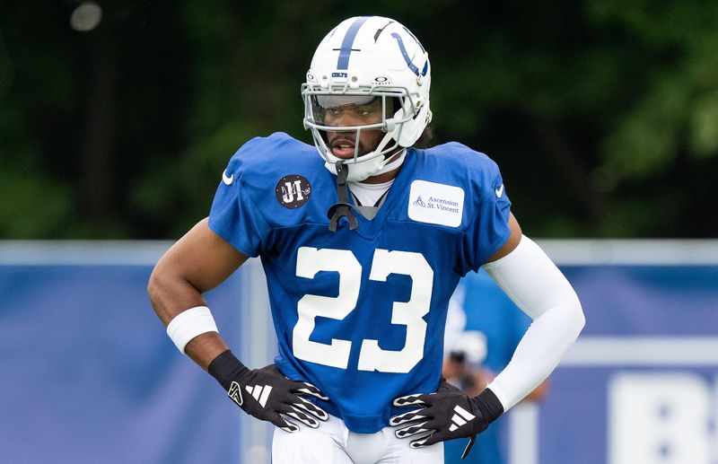 Indianapolis Colts cornerback Kenny Moore II (23) waits for a one-on-one Monday, July 28, 2025, during training camp held at Grand Park in Westfield.