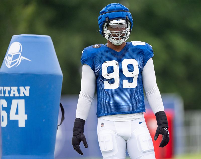 Indianapolis Colts defensive tackle DeForest Buckner (99) works through drills Monday, July 28, 2025, during training camp held at Grand Park in Westfield.