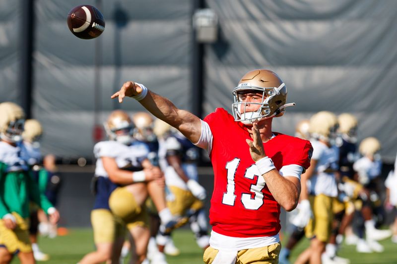 Notre Dame quarterback CJ Carr throws the ball during a football practice at Irish Athletic Center on Sunday, Aug. 10, 2025, in South Bend.