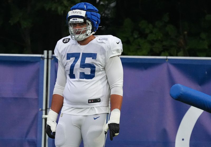 Indianapolis Colts offensive tackle Jalen Travis (75) stands on the field Thursday, July 31, 2025, during Colts Training Camp at Grand Park in Westfield.