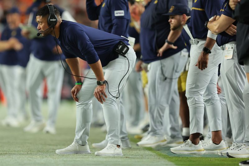 Aug 31, 2025; Miami Gardens, Florida, USA; Notre Dame Fighting Irish head coach Marcus Freeman during the third quarter at Hard Rock Stadium. Mandatory Credit: Sam Navarro-Imagn Images