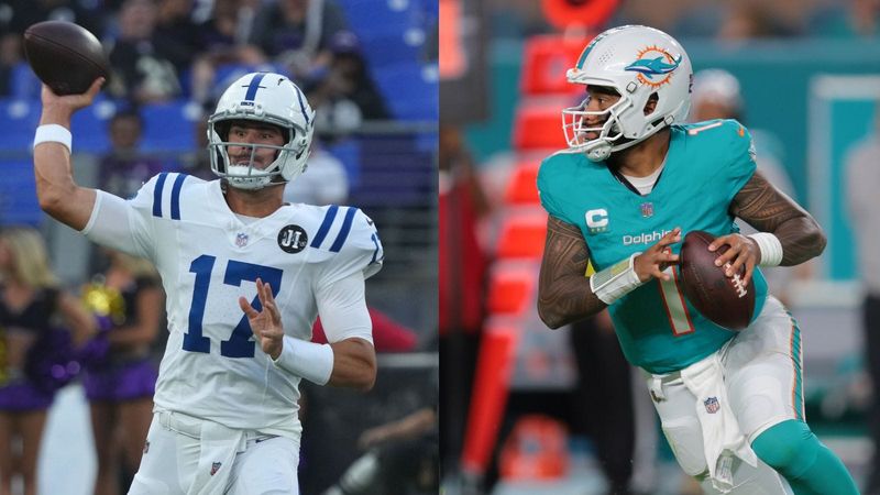 Indianapolis Colts quarterback Daniel Jones (left); Miami Dolphins quarterback Tua Tagovailoa