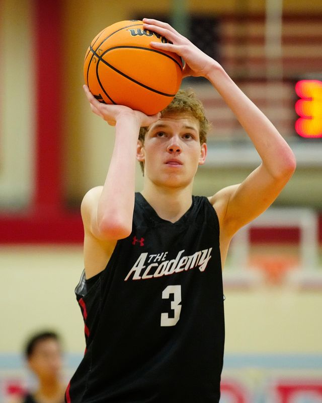 January 13, 2022; Mesa, Ariz; USA; Scottsdale Christian guard Jacob Webber (3) shoots a free throw against Valley Christian during a game at Mesa Community College.

High School Basketball Hs Basketball Game Scottsdale Christian At Valley Christian