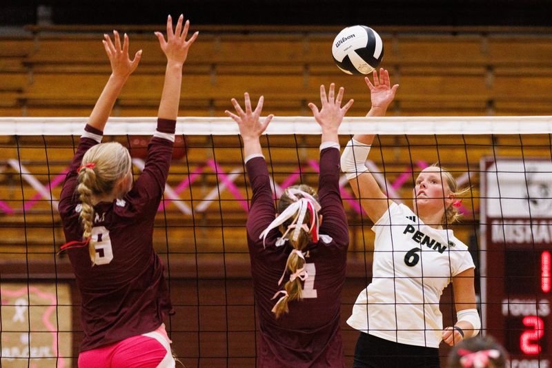 Penn's Anna McCullough (6) hits the ball during an IHSAA girls volleyball match between Mishawaka and Penn at Mishawaka High School on Thursday, Sept. 4, 2025, in Mishawaka.