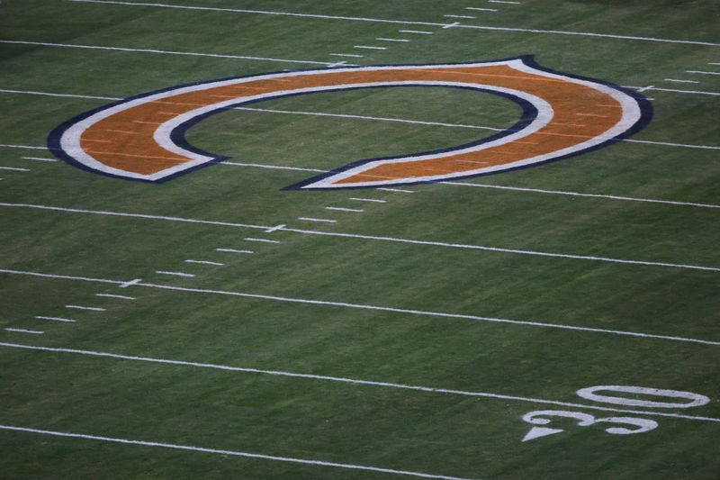 Dec 26, 2024; Chicago, Illinois, USA; The Chicago Bears logo is seen at midfield prior to a game between the Chicago Bears and Seattle Seahawks at Soldier Field. Mandatory Credit: Talia Sprague-Imagn Images