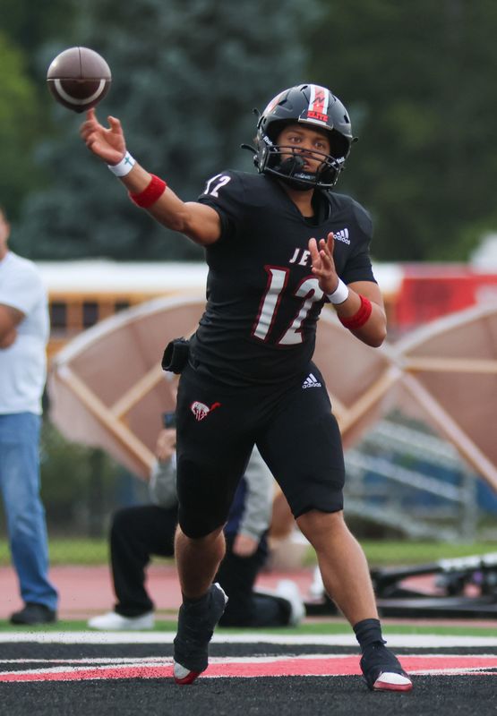 Lafayette Jeff Bronchos Trysten Barrett throws downfield Friday, September 5, 2025, during the IHSAA football game between the Lafayette Jeff Bronchos and McCutcheon Mavericks at Lafayette Jefferson High School in Lafayette, Indiana.