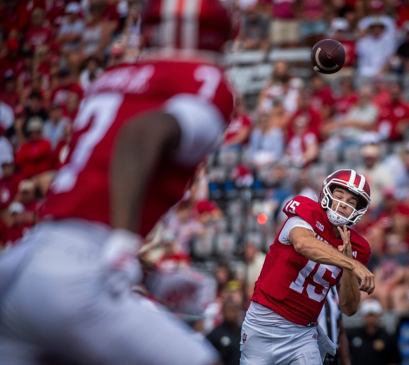 Indiana's Fernando Mendoza (15) throws a touchdown to E.J. Williams Jr. (7) during the Indiana versus Kennesaw State Big Ten football game at Memorial Stadium on Saturday, Sept. 6, 2025.
