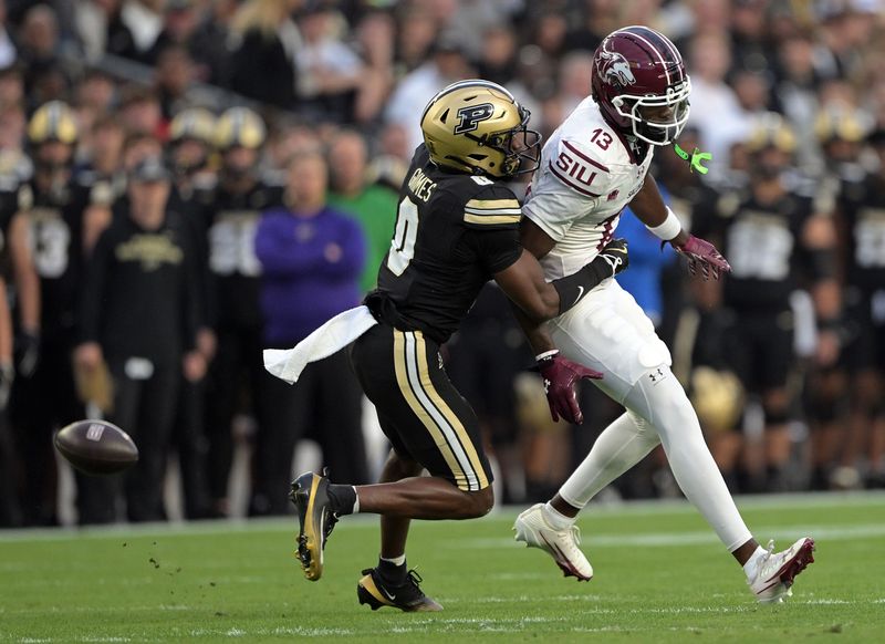 Southern Illinois wide receiver Jay Jones misses a pass under coverage from Purdue defensive back Tony Grimes during the first quarter Saturday, Sept. 6, 2025 at Ross-Ade Stadium.